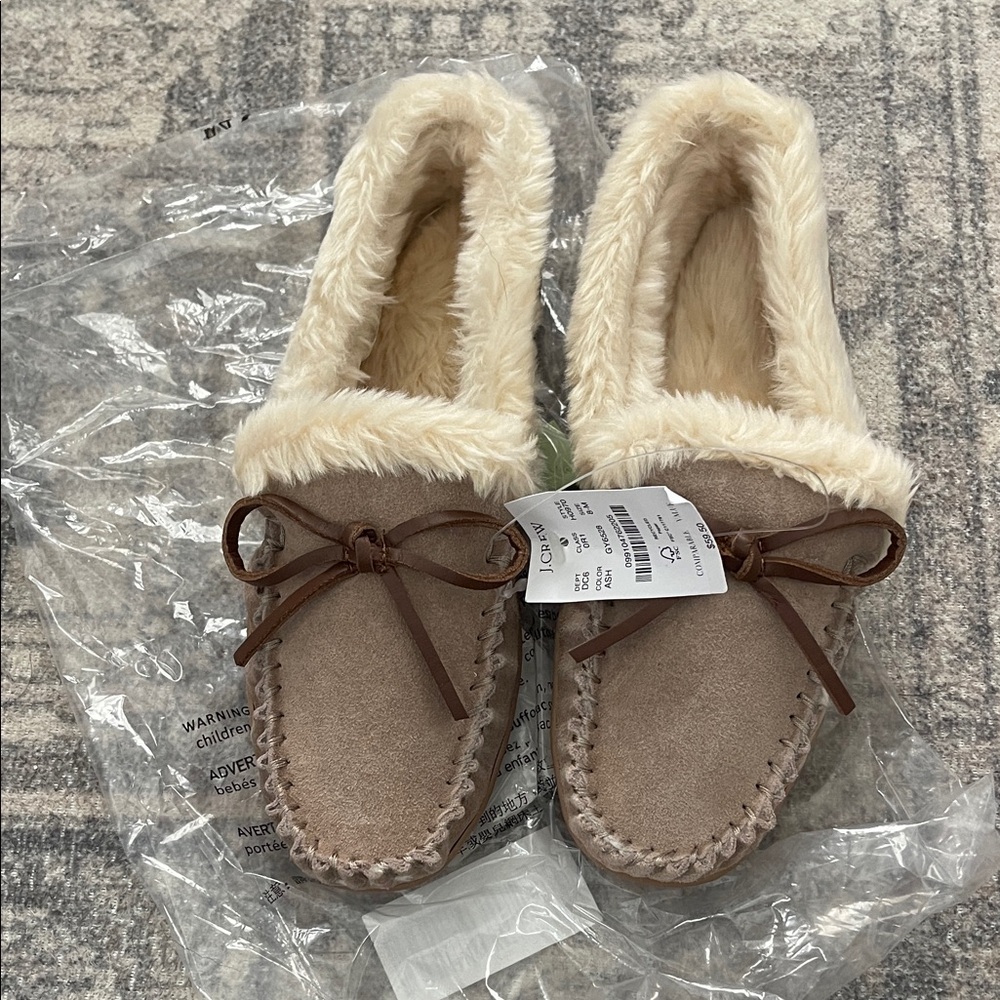 J. Crew Tan Faux Fur Moccasin Slippers